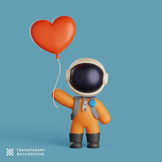 Astronaut character holding a red love balloon. 3d render illustration