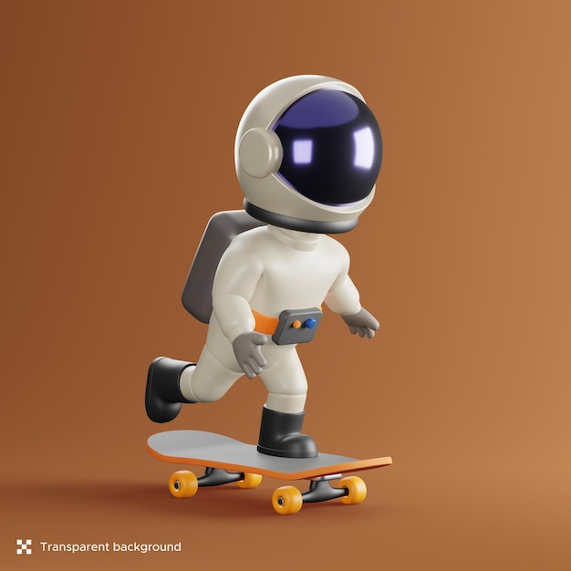 Astronaut character playing skateboard 3d render illustration