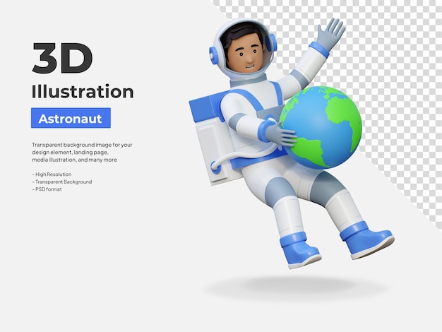 astronaut flying in space and holding earth 3d cartoon illustration