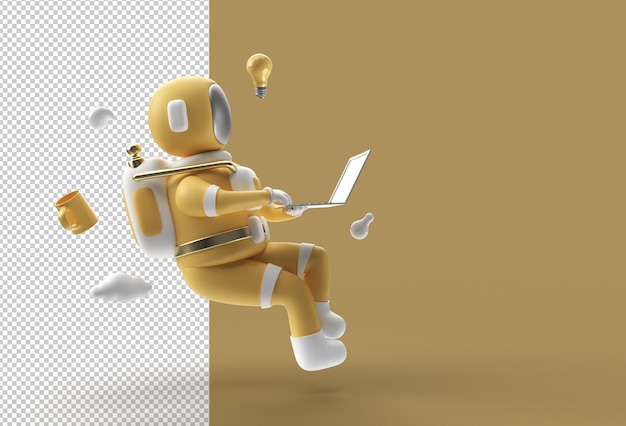 Astronaut Sitting on bar with working on laptop Transparent PSD File.