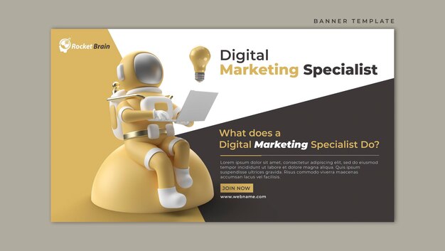 PSD astronaut working on laptop digital marketing horizontal banner template