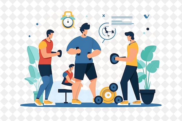 PSD athletic personal trainer with characters working out and co png people in daily work illustration