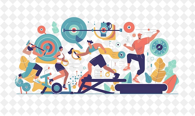 Athletic Trainer With Characters Lifting Weights and Running PNG People in Daily Work Illustration