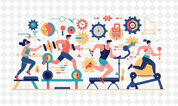 Athletic Trainer With Characters Lifting Weights and Running PNG People in Daily Work Illustration