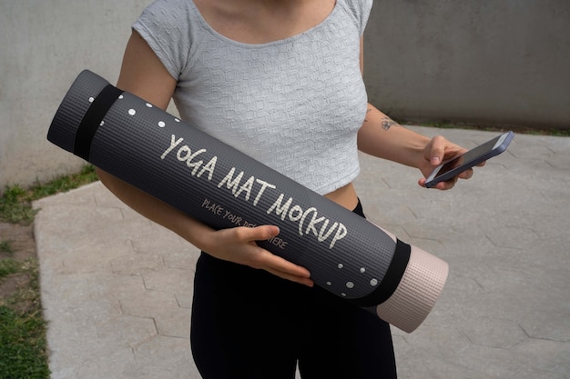 Athletic woman with yoga mat mock-up design