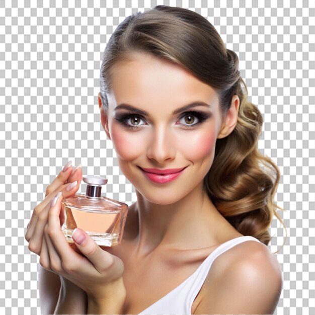 PSD attractive girl with perfume in her hand isolated on transparent background