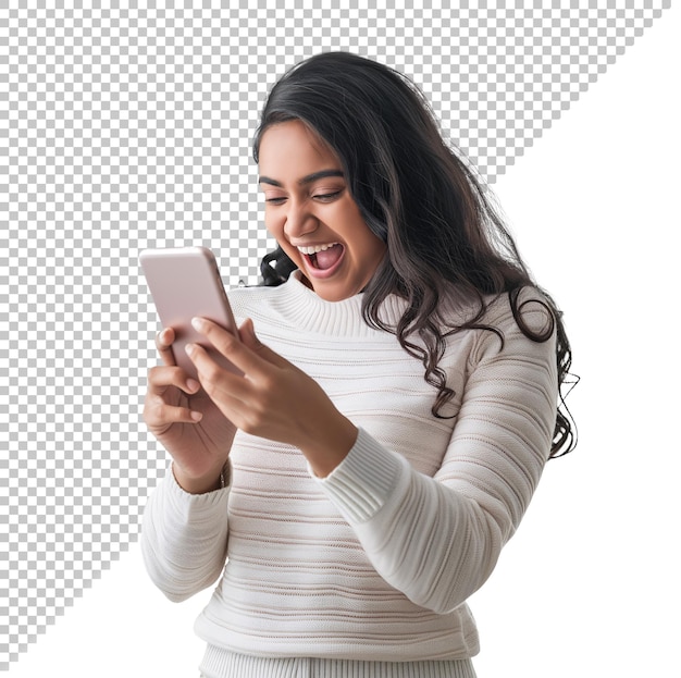 Attractive indian girl looking excited while holding her phone