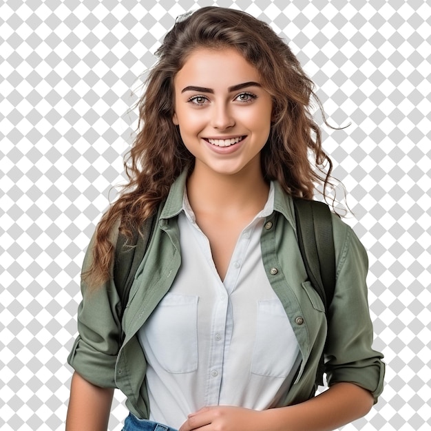 An attractive smiling college girl isolated on transparent background PSD file format