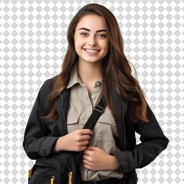 An attractive smiling college girl isolated on transparent background PSD file format