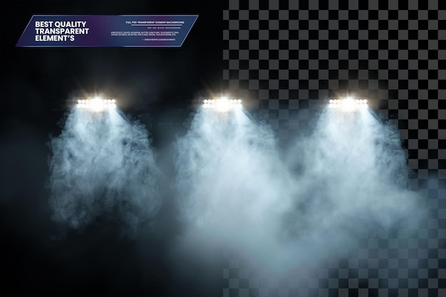 PSD auto or bus spot lamp flash at night with vapor clouds on transparent background