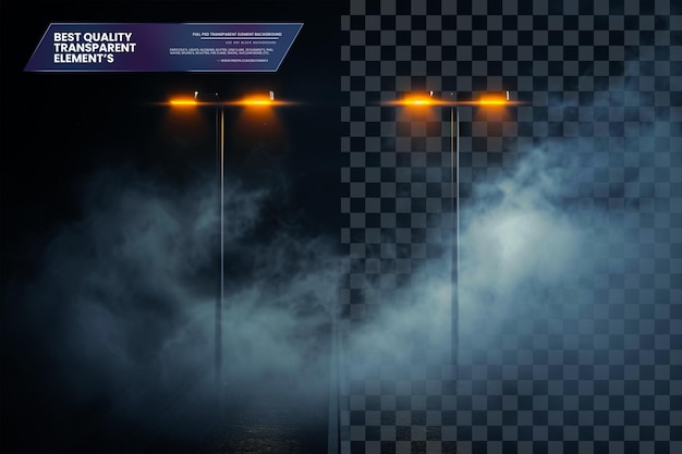 PSD auto or bus spot lamp flash at night with vapor clouds on transparent background