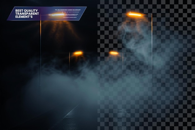 PSD auto or bus spot lamp flash at night with vapor clouds on transparent background