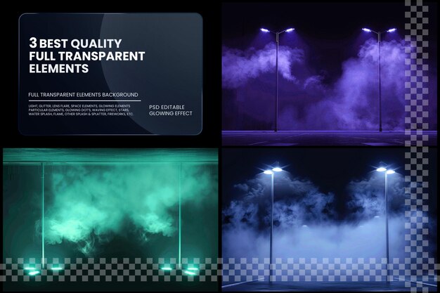 PSD auto or bus spot lamp flash at night with vapor clouds on transparent background