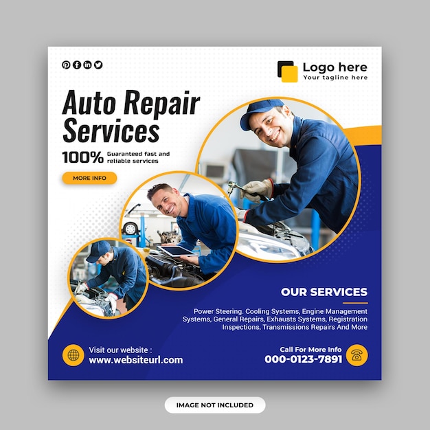 Auto and car repair center social media post and web banner design template