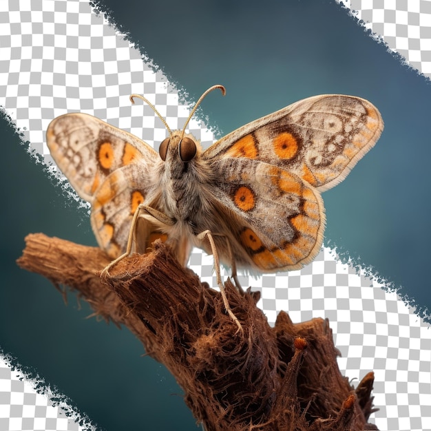 Automeris moth resting on wand underside view Native to Mexican mountains Nocturnal flyers Caterpillars armed with bristles isolated on transparent background