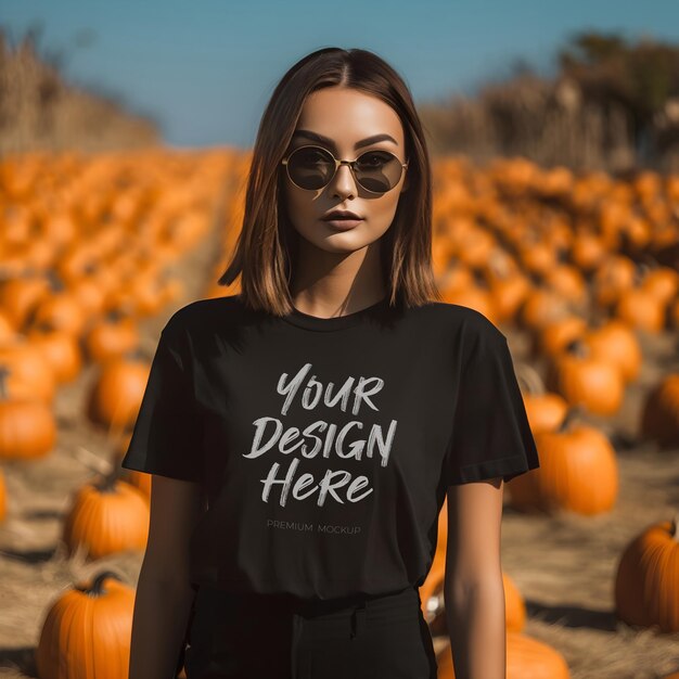 PSD autumn allure halloweenthemed black tshirt mockup with a brunette woman