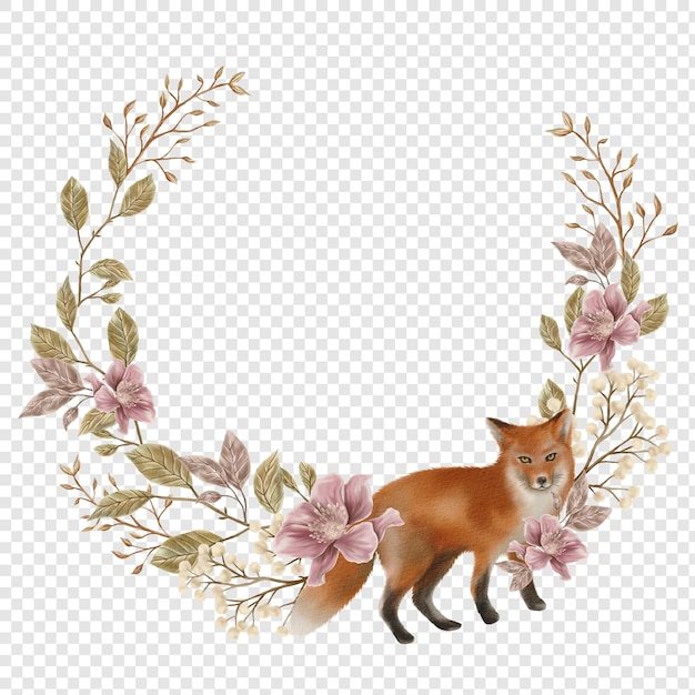 PSD autumn fall wreath frame with autumnal foliage elements png clipart and fox