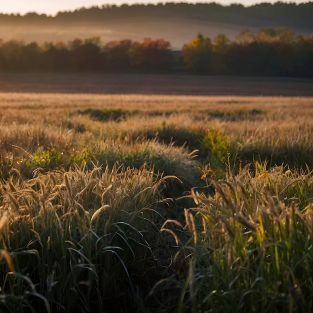 PSD autumn field in the morning with morning sunshine and sparkling dew