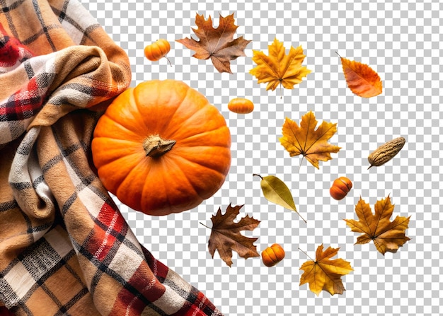 PSD autumn flat lay with pumpkin and blanket transparent