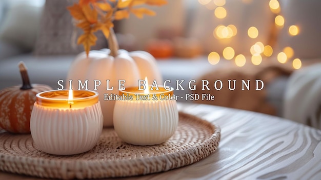 Autumn home decor with white pumpkins and burning aroma candles with sweet spicy pumpkin pie scent