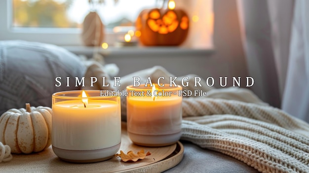 Autumn home decor with white pumpkins and burning aroma candles with sweet spicy pumpkin pie scent