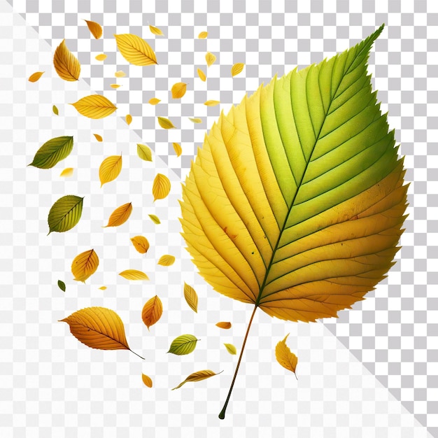 PSD an autumn leaves in yellow green color folating in air on a transparent background