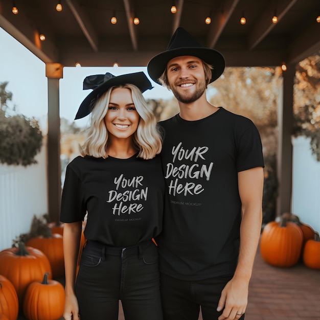 PSD autumn magic halloween black tshirt mockup in seasonal setting with a modern couple