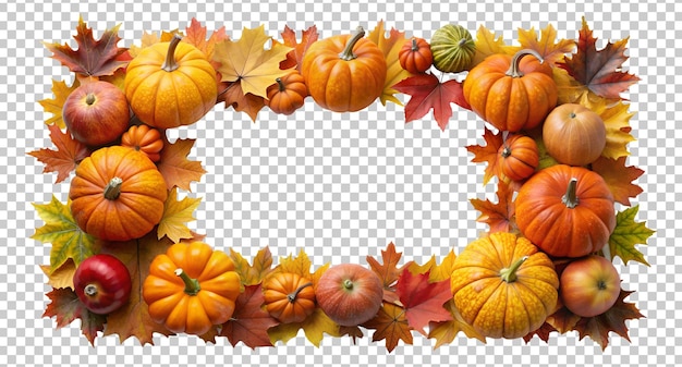 Autumn pumpkins and leaves in rectangular frame transparent