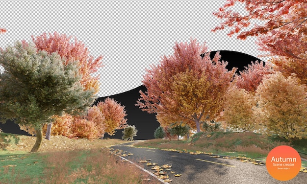 Autumn road with autumn trees and dry leaves autumn scene creator Green grass