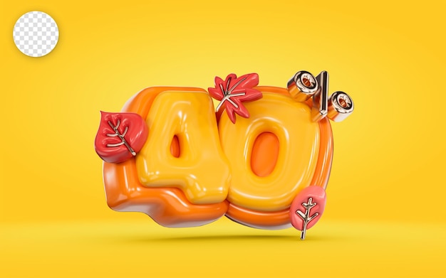 Autumn sale banner 40 percent discount number with maple leaf on yellow background 3d render