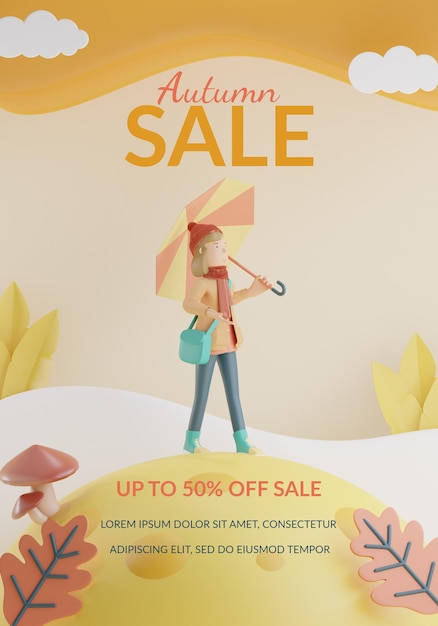 Autumn sale banner template girl with umbrella 3d render