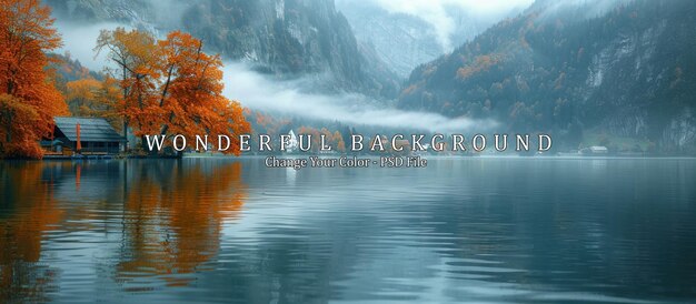 Autumnal Lake Landscape with Fog and a Cabin