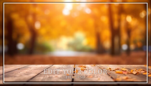 PSD autumnal wooden table in a blurred forest background