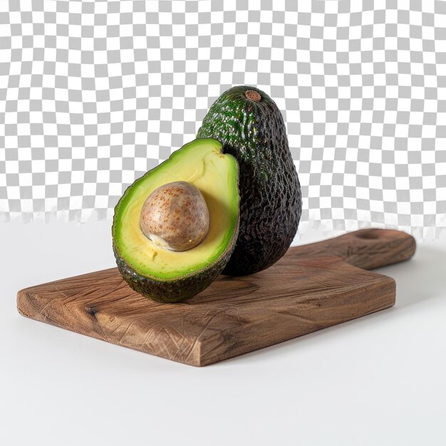 PSD an avocado on a cutting board with a white background