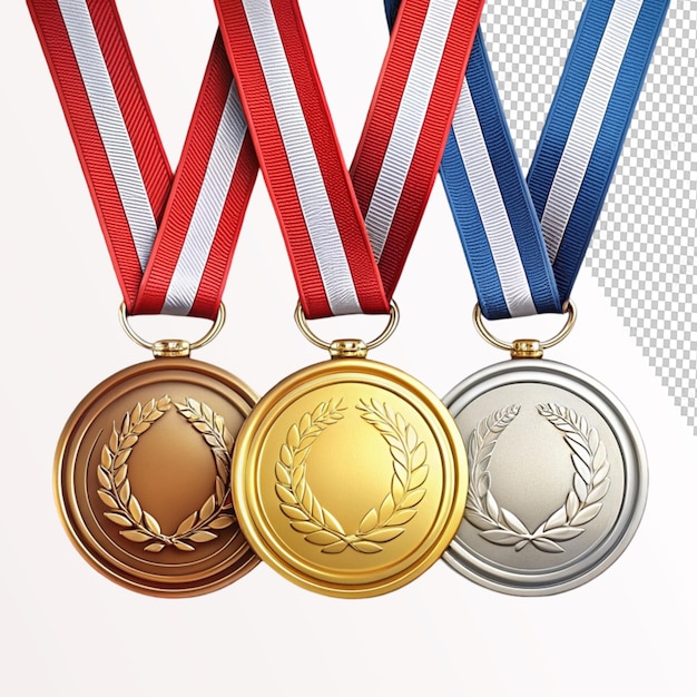 award golden silver and bronze blank medals on transparent background