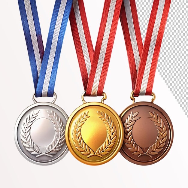 award golden silver and bronze blank medals on transparent background