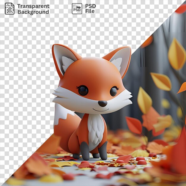 awesome 3d cartoon fox sneaking in the woods surrounded by a colorful array of leaves and flowers with its striking black eyes and black nose in view