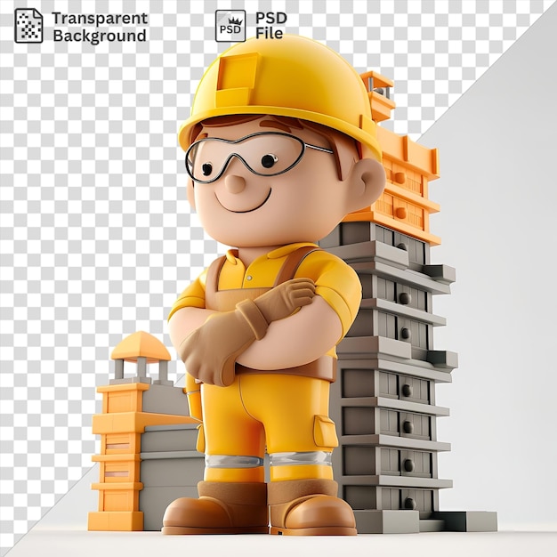 awesome 3d construction worker cartoon building a skyscraper with a yellow helmet black glasses and a yellow arm while holding a toy