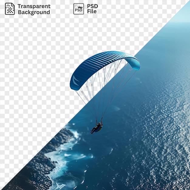 awesome 3d paraglider flying over the coast with a blue sky and water in the background and a blue kite in the foreground