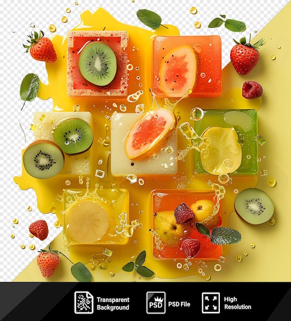 PSD awesome assorted soap packets with fruits isolated on a transparent background