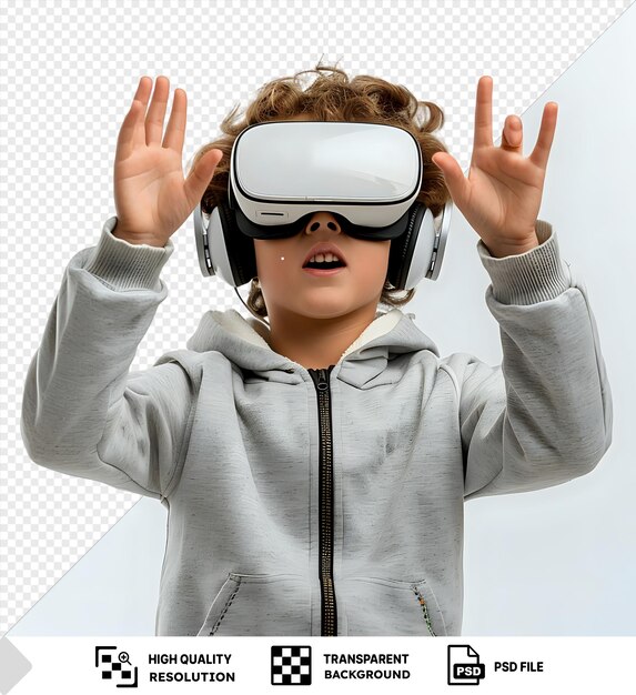 PSD awesome boy wearing vr glasses with headphones medium shot of teenage boy wearing and touching virtual reality headset with raised hands and a black zipper visible in the background png psd