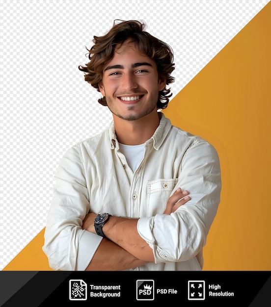 awesome charming handsome handsome young man in casual wear keeping arms crossed and smiling while standing in front of an orange and yellow wall