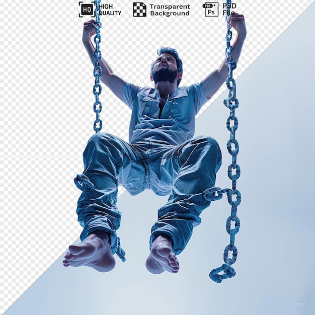 PSD awesome cunning escape artist slipping free from chains with ease hanging from a blue sky wearing a blue shirt and jeans with a raised hand and extended arm while a metal and blue chain and