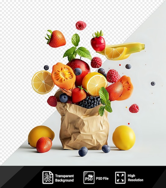 awesome fruits flying in a recyclable paper bag png psd