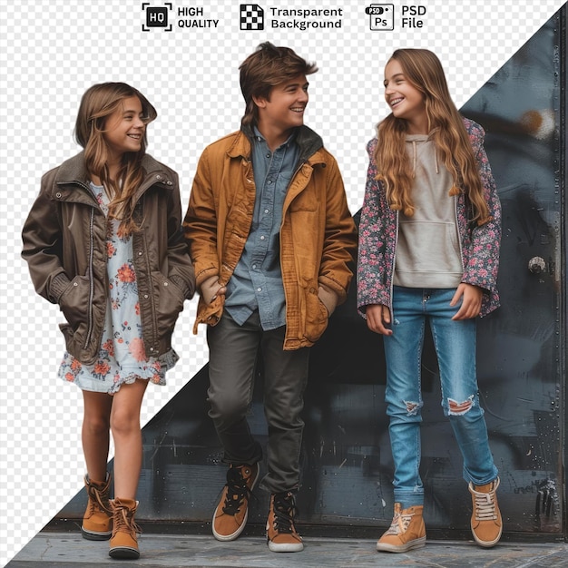 awesome guy and two girls laughing walking down street in front of a wall png