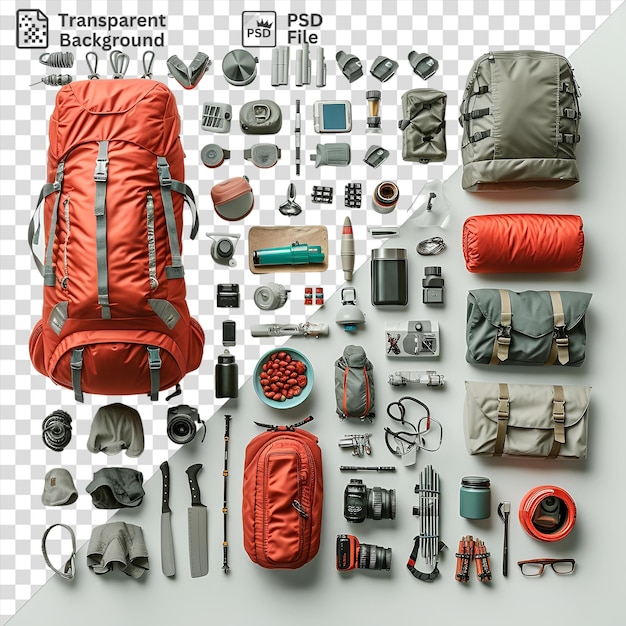 awesome hiking and backpacking essentials set up on a transparent background including a gray bag silver and gray camera black and silver glasses and a silver and gray camera