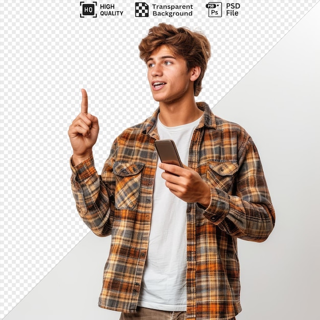 awesome impressed young handsome man holding and looking mobile phone pointing to side