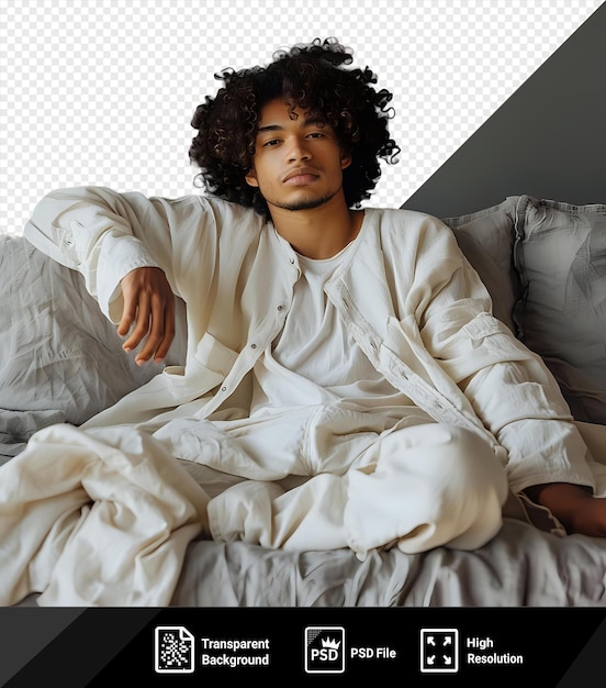 awesome leisure young curlyhaired darkskinned man resting at home on a white bed with a white pillow against a white and gray wall with a hand visible in the foreground png