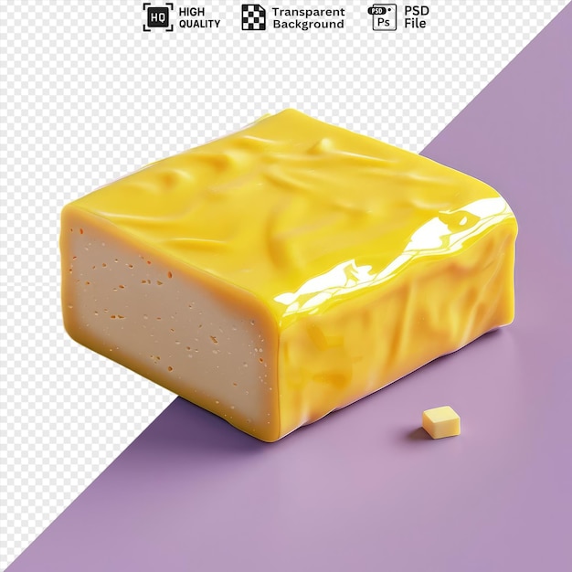 awesome margarine cheese on a purple background accompanied by a yellow cake and a dark shadow