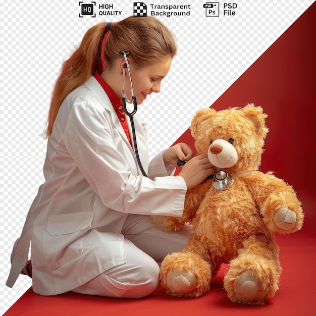 awesome pediatrician auscultating a teddy bear with her stethoscope png psd